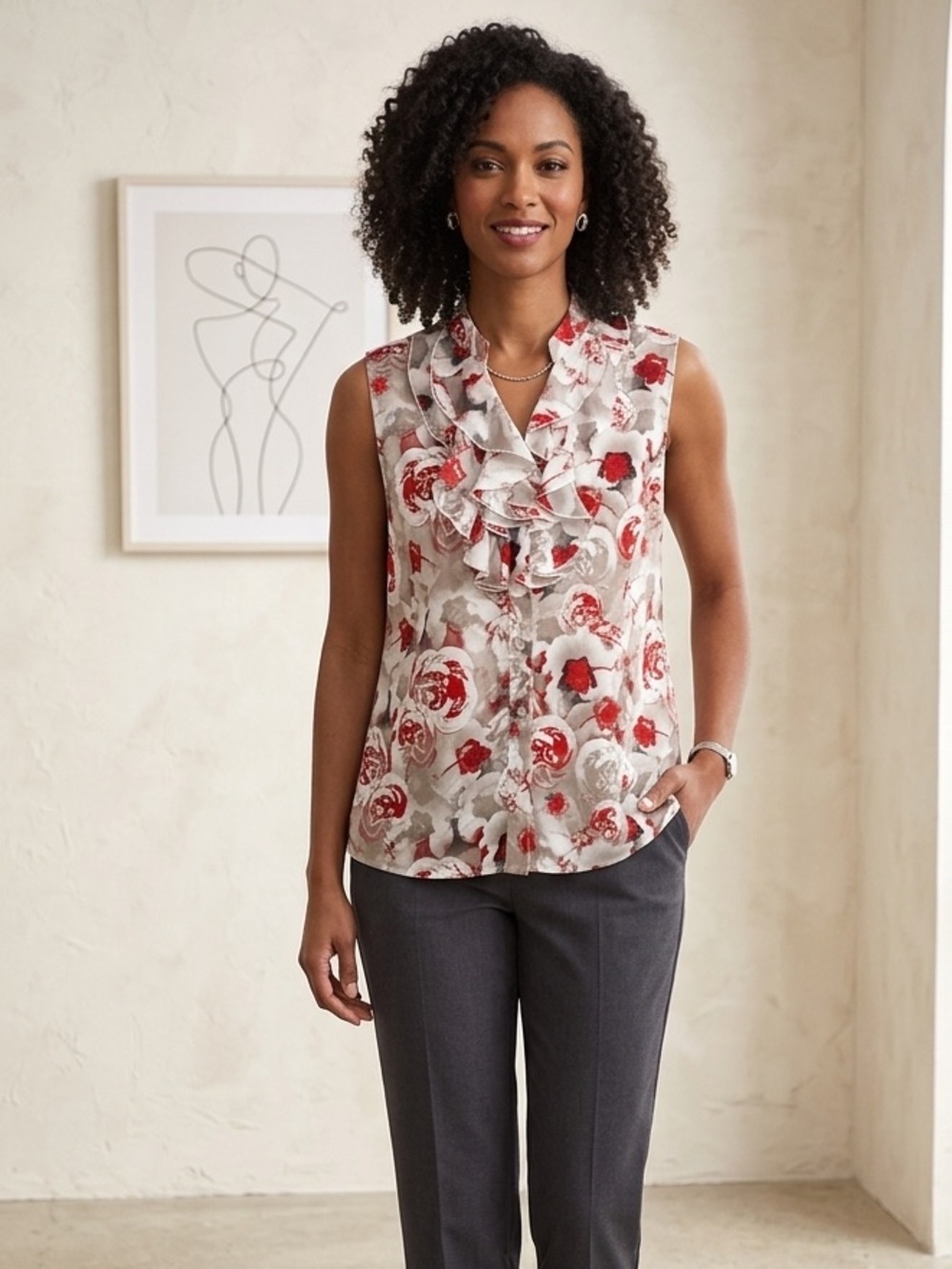 NWOT TAHARI || Beige Floral Print Retro Shirt size Petite Large